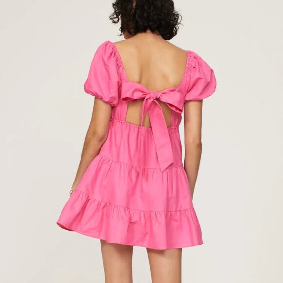 Louna Pink Peasant Babydoll Mini Dress XL Fit n Flare Linen Puff Sleeve $150 - Picture 3 of 13